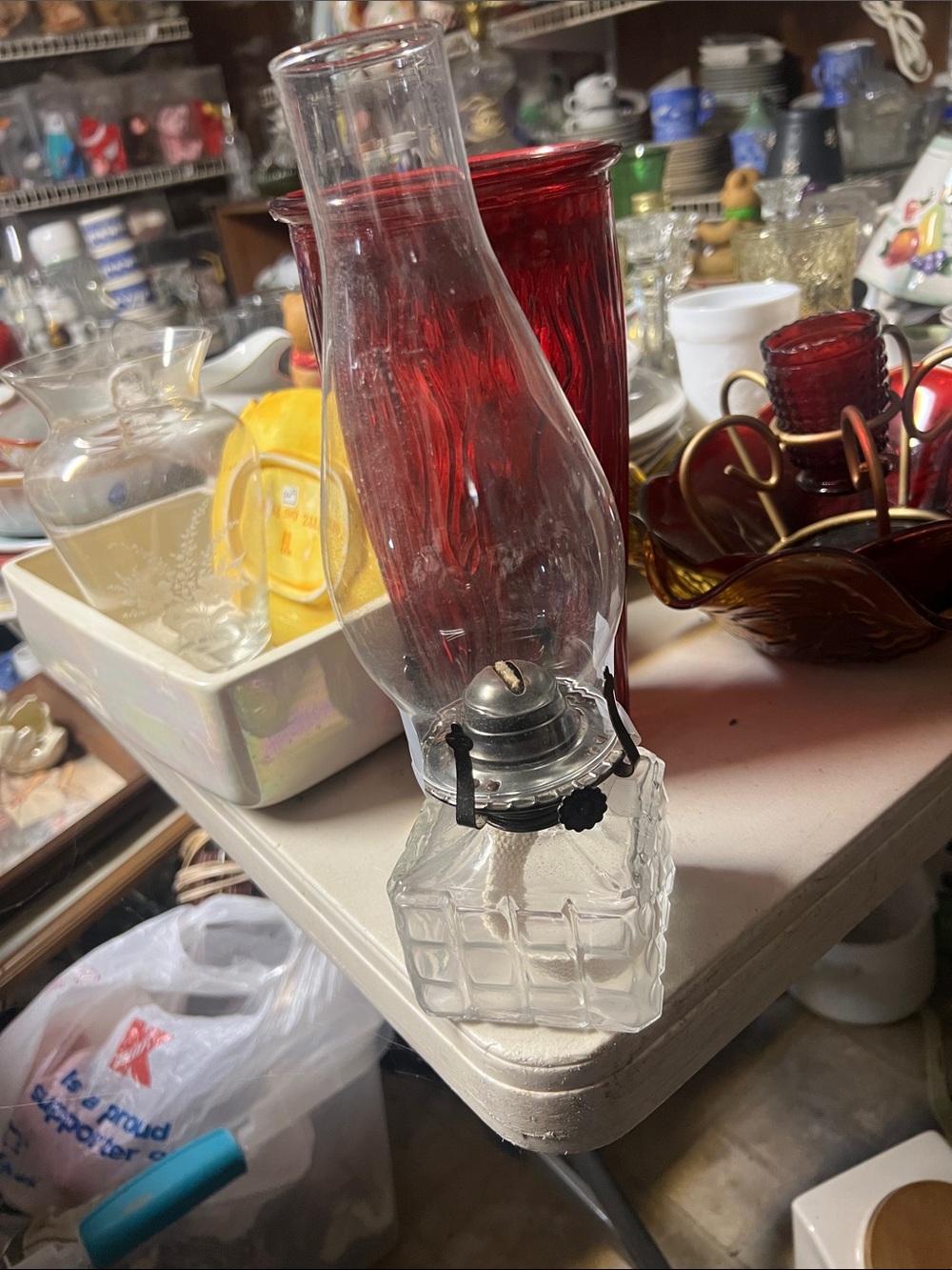 Antique Clear Glass Oil Lamp with Square Base